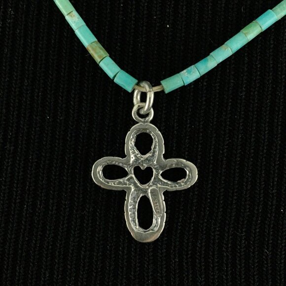SOUTHWEST turquoise heishi bead necklace w/ sterling silver heart cross pendant - Picture 5 of 7